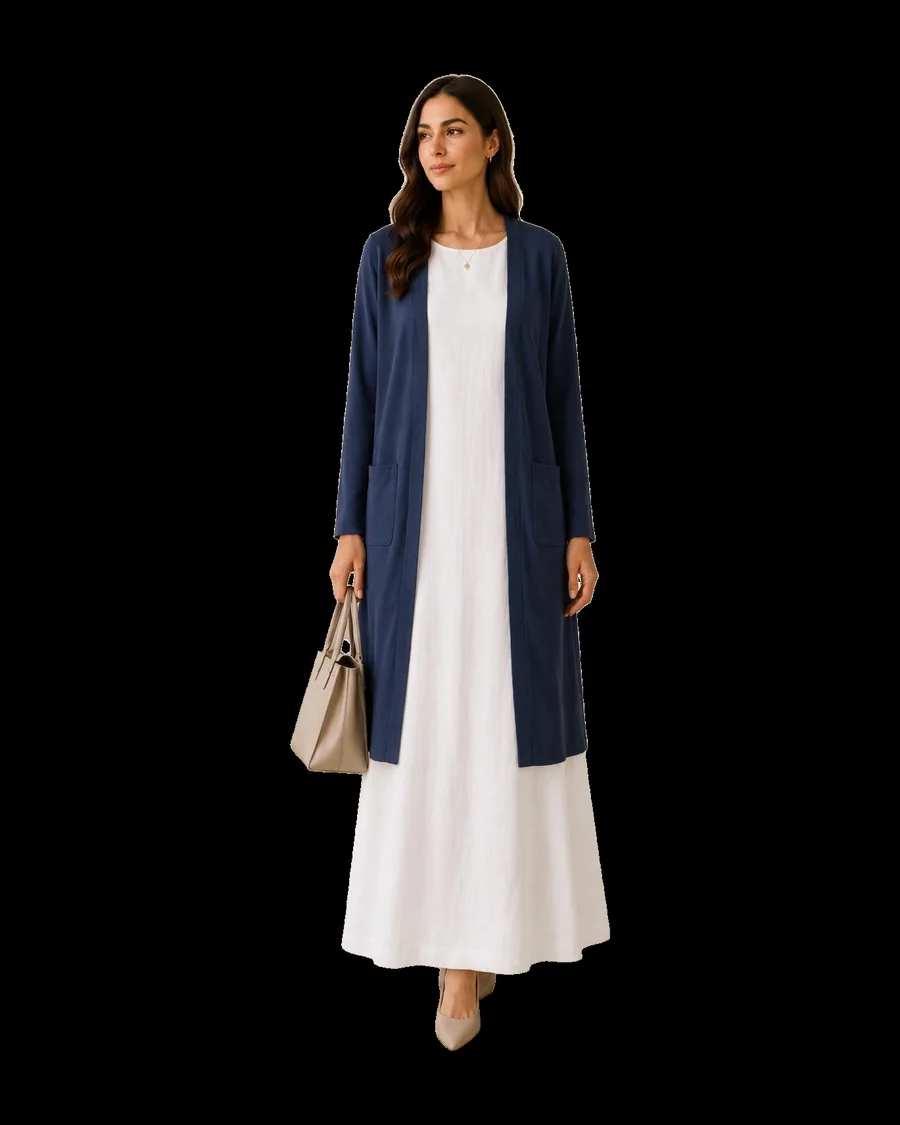 White Linen Dress with Blue Cardigan