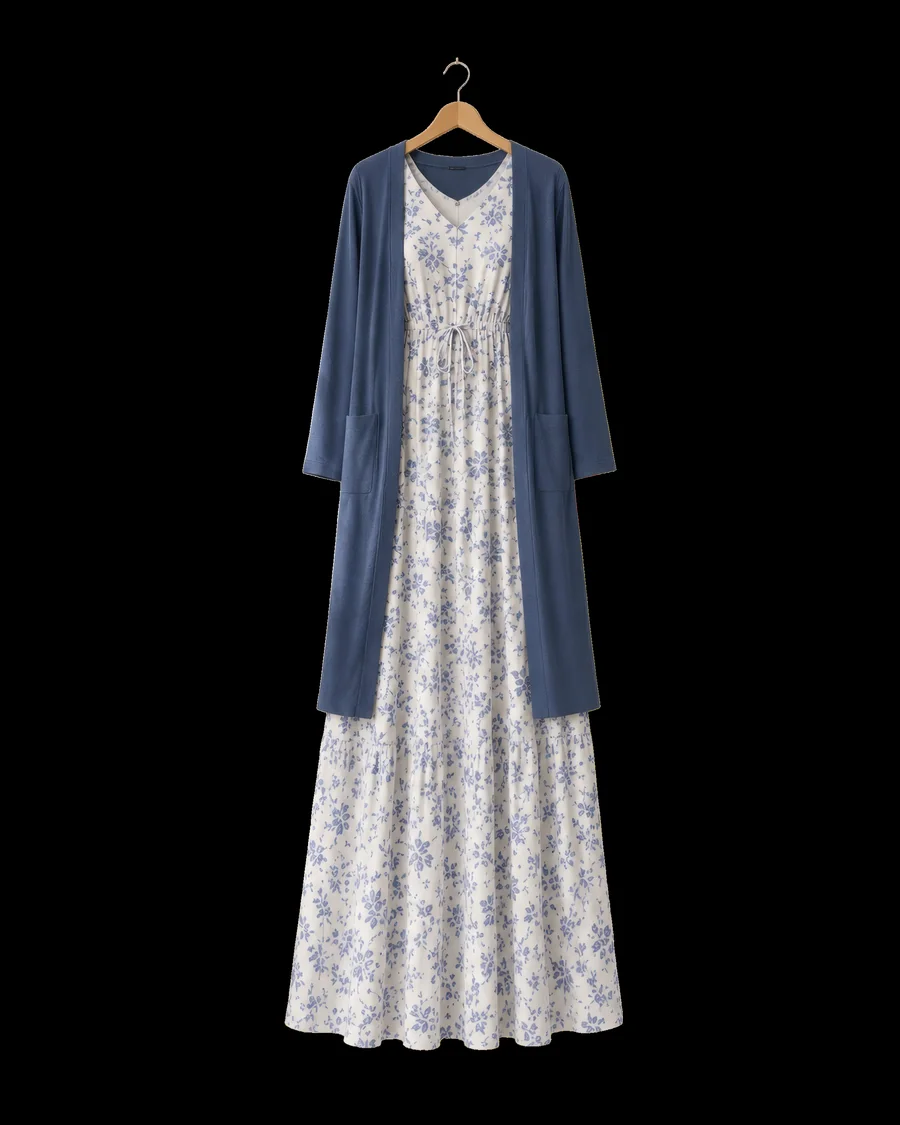 White Floral Maxi Dress with Blue Cardigan