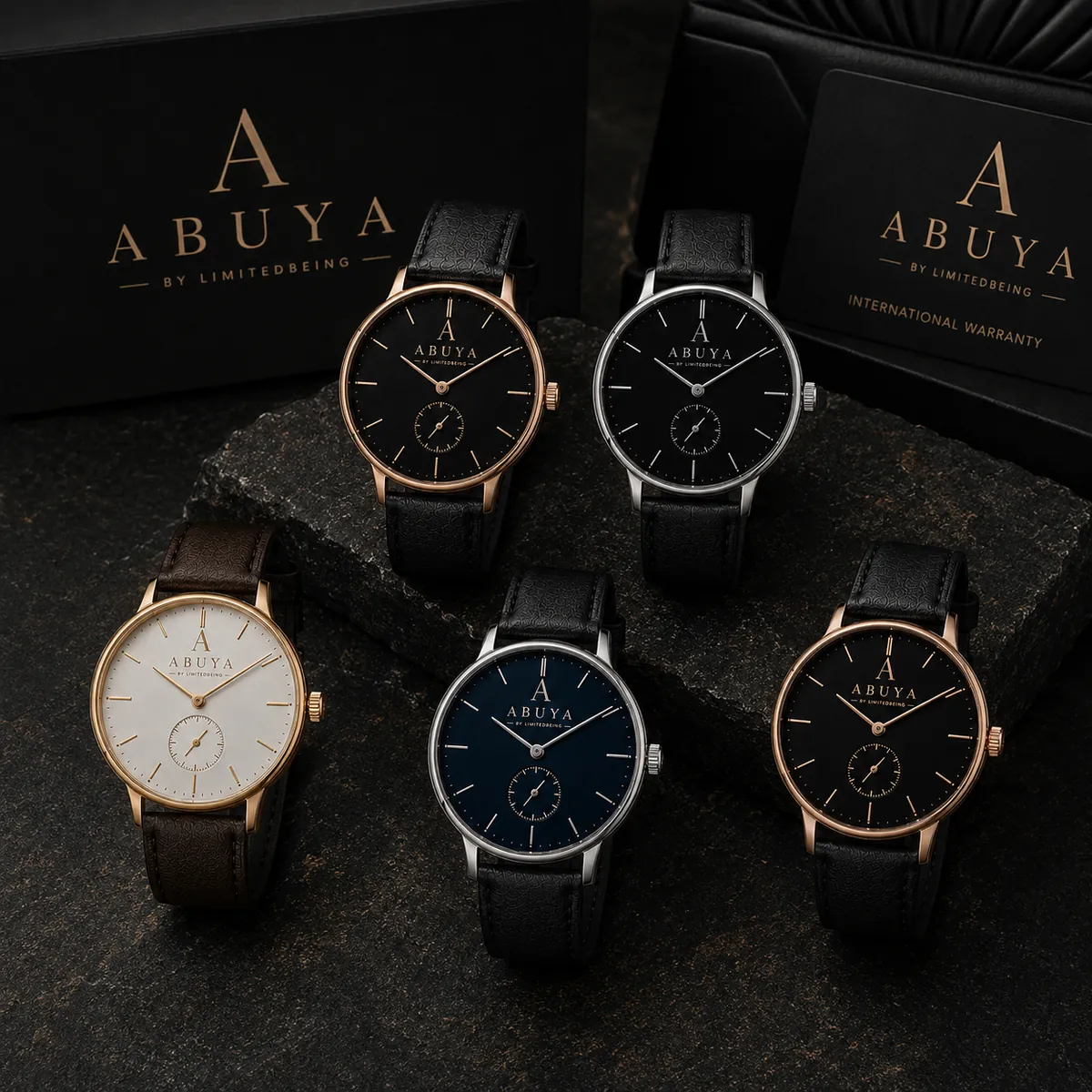 ABUYA by LimitedBeing — five timepieces with leather straps, presentation box and international warranty card