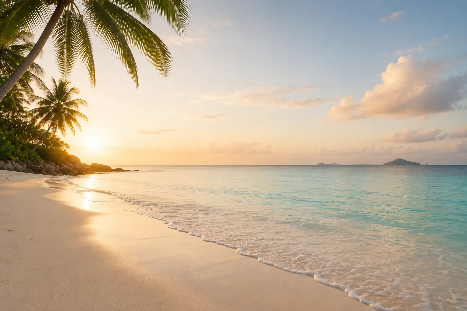 Sunrise over a calm tropical shoreline