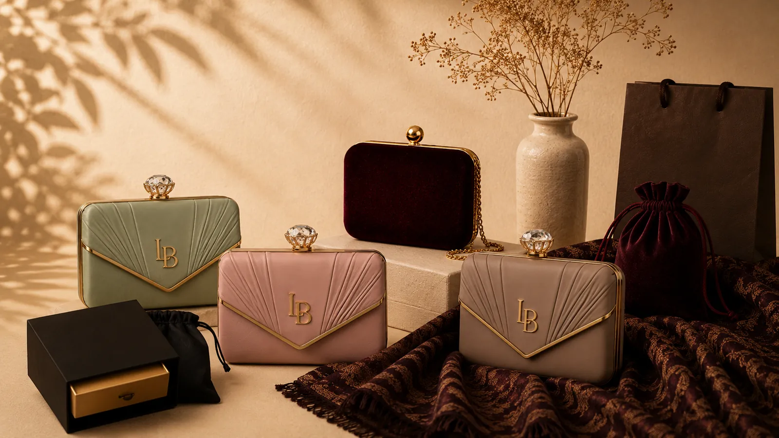 LB monogrammed clutch purses in sage, blush, taupe and burgundy velvet, styled with gift boxes